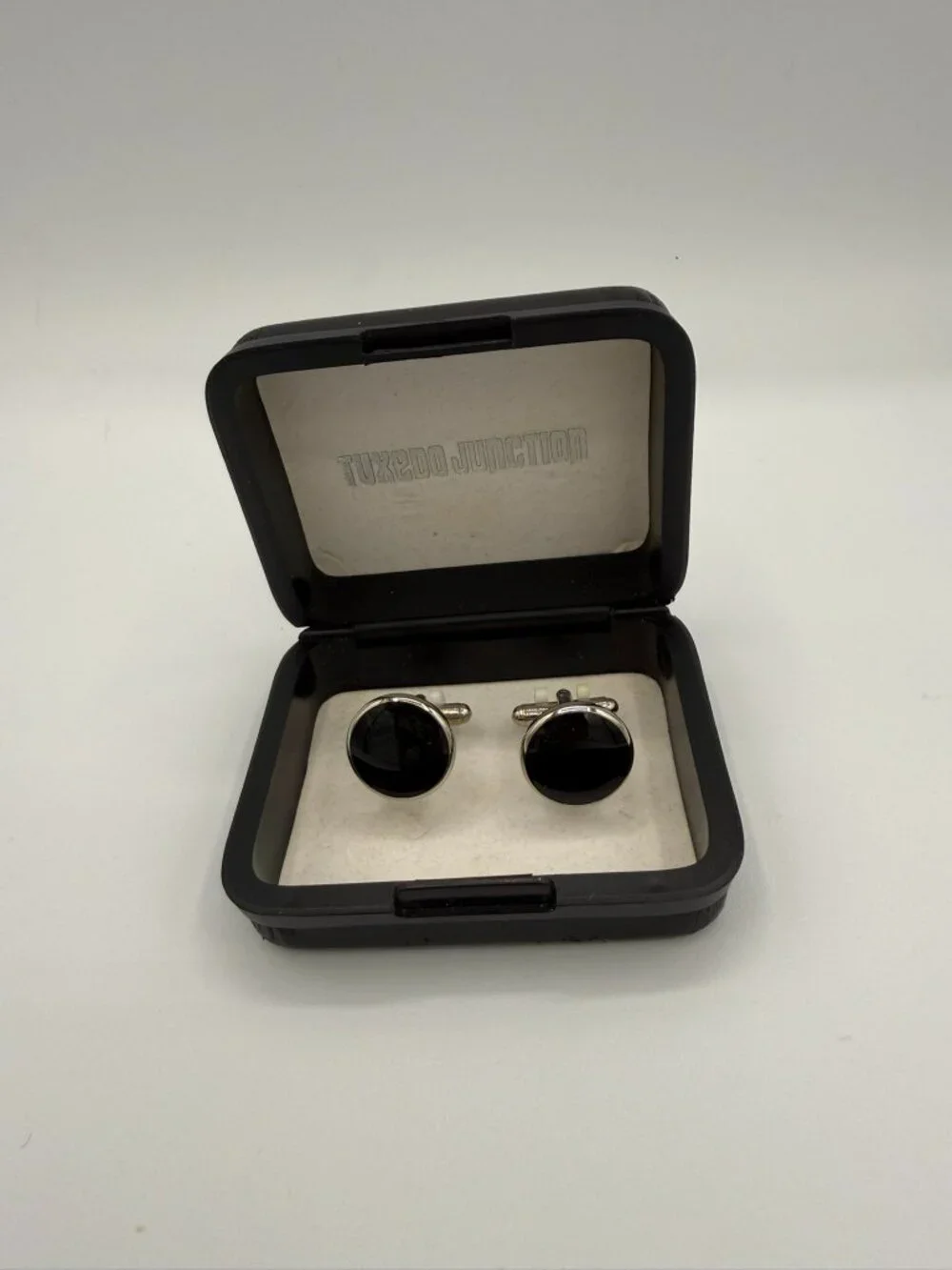 Tuxedo Junction Black Cufflinks Silver Tone Formal Wedding Accessories Gift Box